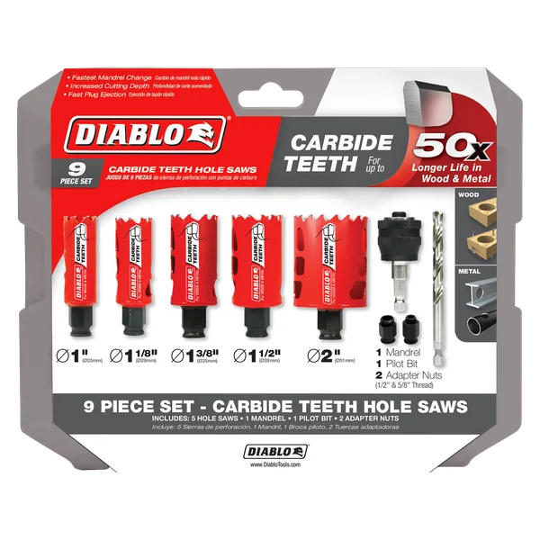 DIABLO CARBIDE TIPPED HOLE SAW KIT - 9pcs
