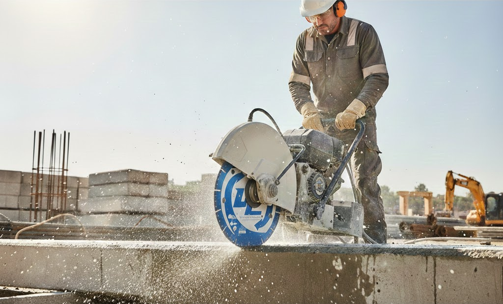 Worker using a concrete saw on a construction site